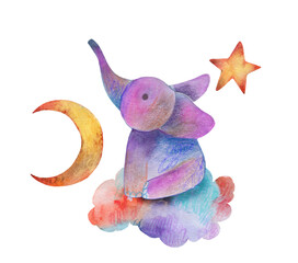 A cute, purple watercolor elephant is sitting on a colorful cloud.
