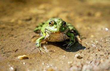 lake green frog in shallow water of a pond