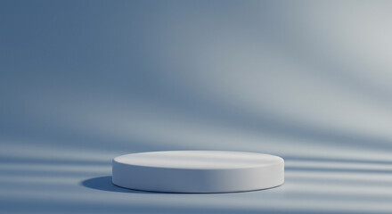 White circular product display podium with soft window light and shadows on a light blue background.