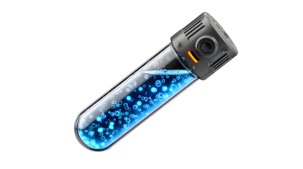 Advanced Action Camera Floating in a Test Tube with Blue Liquid and Bubbles