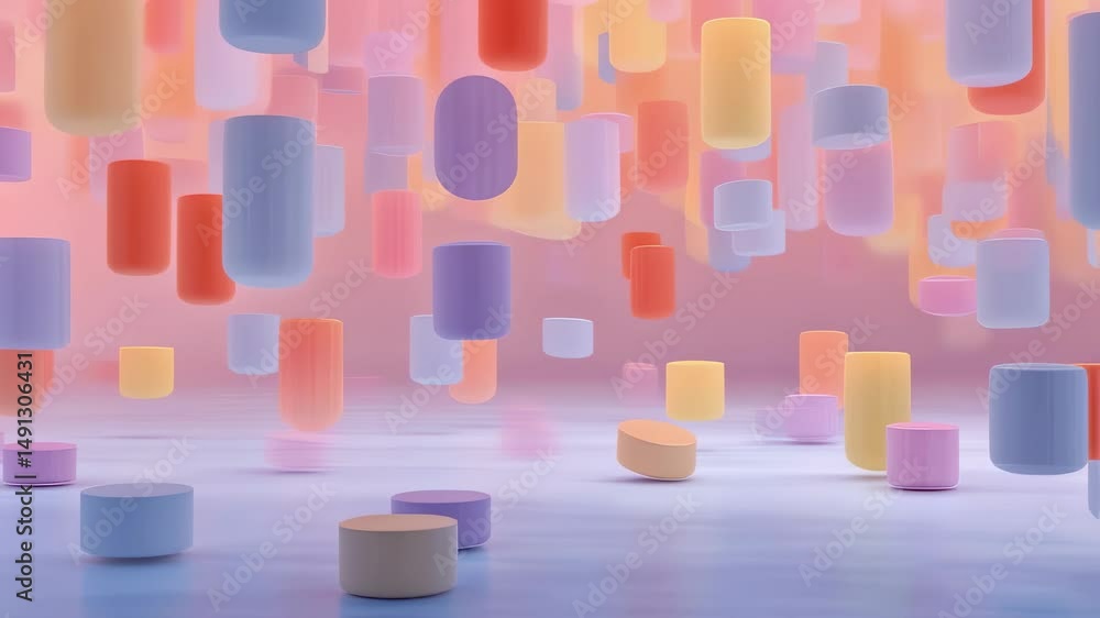 Poster an ambient pharmacy environment where s of hovering voxel pills are arranged by color and size creat