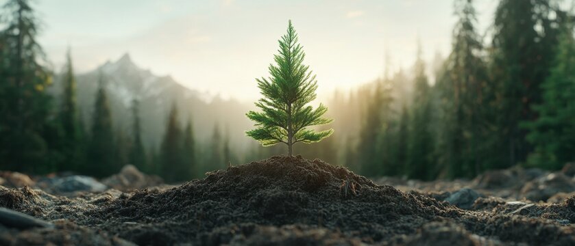 Small pine tree grows from dirt pile. Forest and mountains visible in soft background light. Sunlight bathes the new growth.