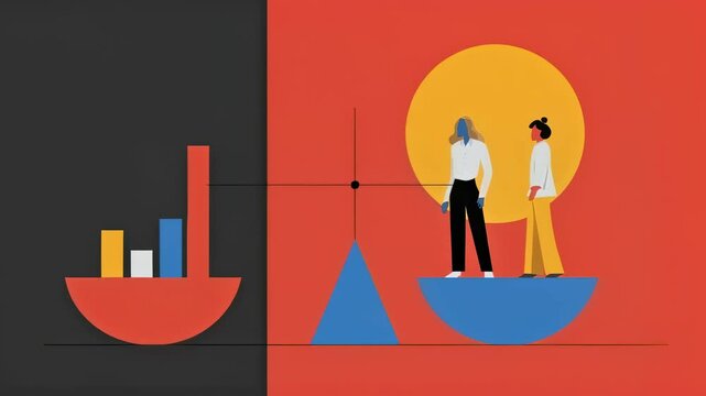 A visually striking infographic showcasing the dual objectives of fairness and efficiency with metrics on employee satisfaction alongside performance data demonstrating the innovative