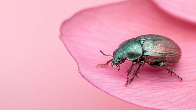 Green beetle crawls on pink flower petal. Insect with iridescent shell. Detailed macro photograph. Pink background. Shallow depth of field. Studio shot