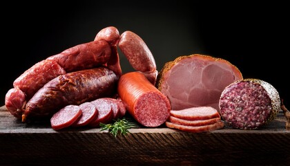 assorted sausage selection sliced and whole variety meat food