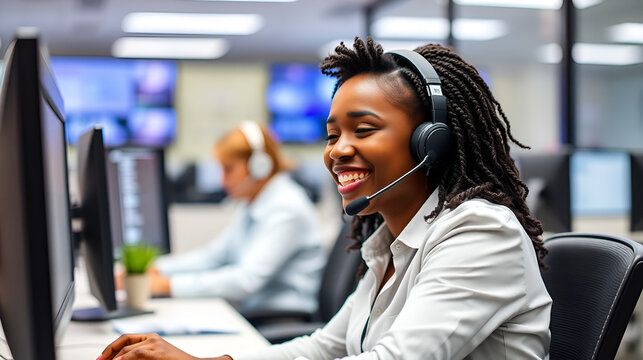 Consultant, laughing or black woman in call center for customer service, loan faq or finance advice. Telecom, funny joke or agent talking on mic in contact support for telemarketing, help and sales