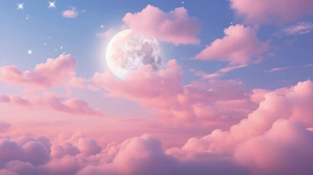 Dreamy, pastel sky with a full moon and stars, viewed from a low angle. Perfect for a serene, fantasy-themed video backdrop. Live desktop wallpaper.