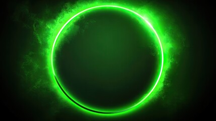 Circular neon green frame within dark smoky background.