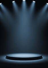 Black round product display podium illuminated by dramatic blue spotlights on dark background. Empty stage for modern futuristic presentation or showcase scene.