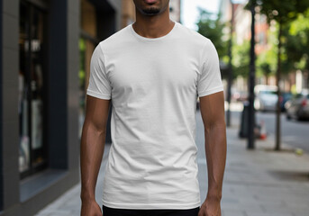 Man wearing blank white t-shirt mockup, front view, on blurred city street background. Apparel design template for print presentation. Casual urban fashion.