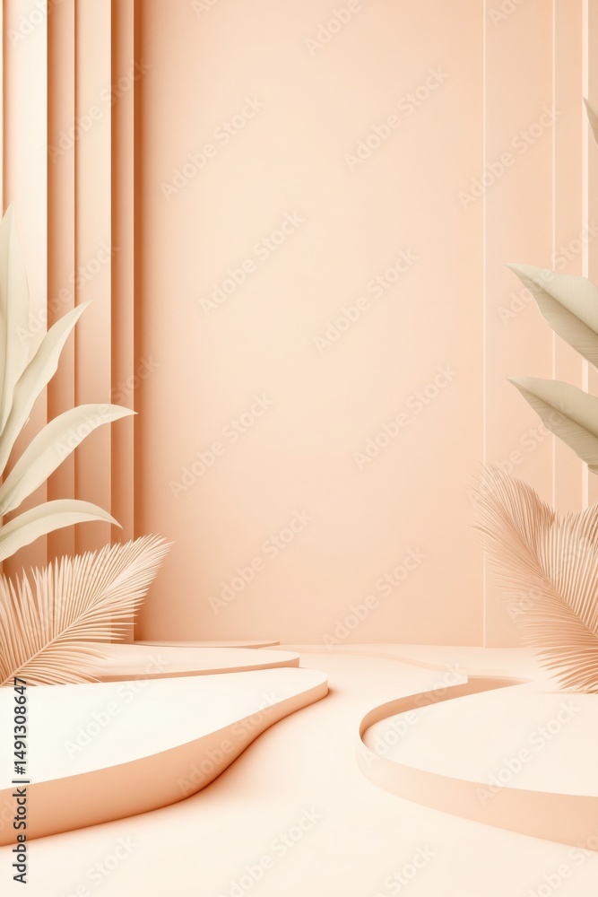 Poster minimal studio setup with pastel shapes. leaves add beauty to this subtle scene. nice elegant space 