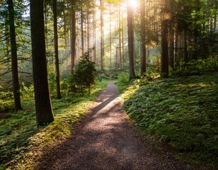 Obraz premium a tranquil forest pathway with rays of sunlight filtering through the trees stunning scenic world landscape wallpaper background
