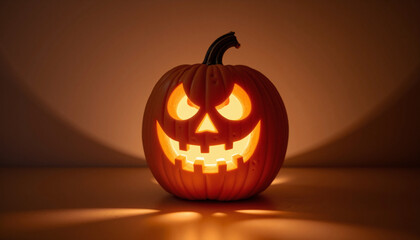Illuminated Halloween pumpkin glowing in dark room. Festive Halloween pumpkin with scary face carved for holiday celebration. Spooky Halloween scene for party invitations or seasonal announcements.