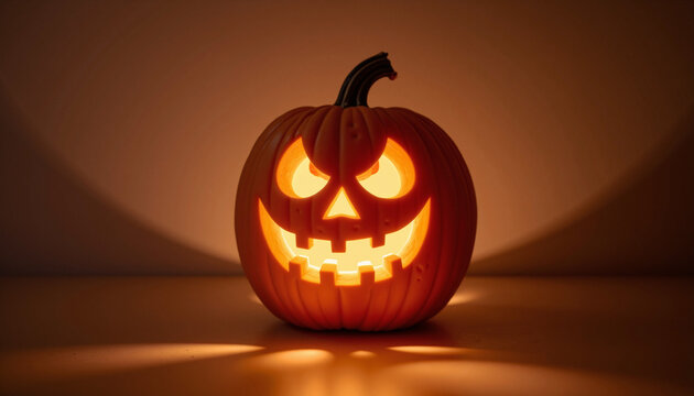Illuminated Halloween pumpkin glowing in dark room. Festive Halloween pumpkin with scary face carved for holiday celebration. Spooky Halloween scene for party invitations or seasonal announcements.