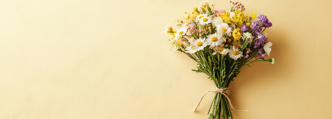 Obraz premium Colorful wildflower bouquet tied with twine on a solid yellow background, perfect for spring and summer designs and celebrations