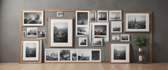 Modern photo collage frame mockup with varied sizes and orientations, ideal for image display , creative, geometric, display