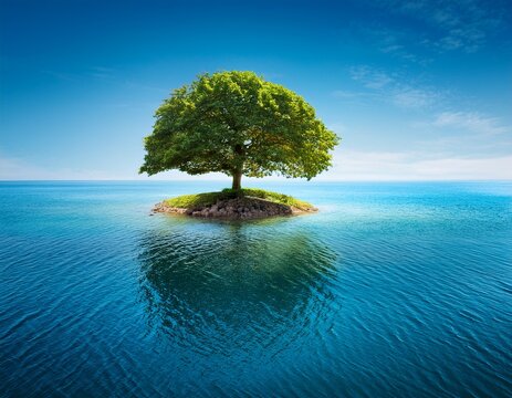 floating island with a solitary tree above tranquil waters