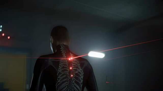 A closeup view of a skeletal tracking system projects corrective beams onto the back of a person standing in a relaxed position illustrating how realtime feedback can promote awareness
