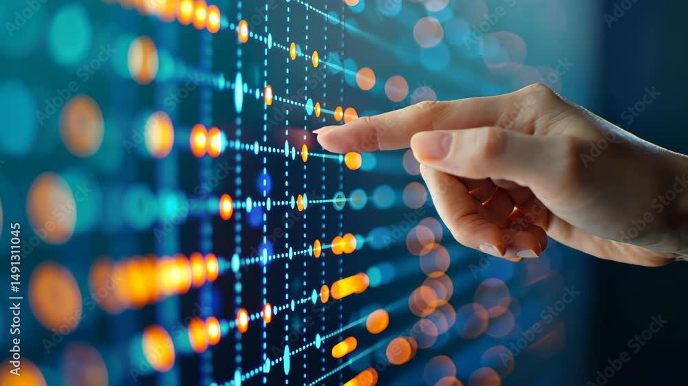 Poster data interaction: a human hand interacts with a digital display, exploring the intricate world of da