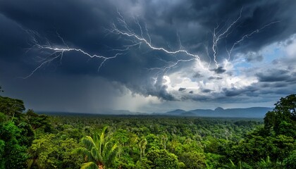 majestic stormy sky over lush jungle landscape with lightning and dark clouds in a dramatic natural scene