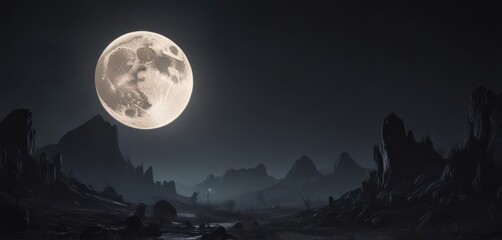 Low-hanging full moon casts eerie glow on dark landscape ,  hills,  mystical,  atmosphere