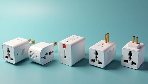 Types of Electrical Plugs and Connectors on Blue Background