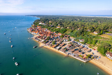 Cap-Ferret, France. Boats seen from an oyster village on the Bay of Arcachon