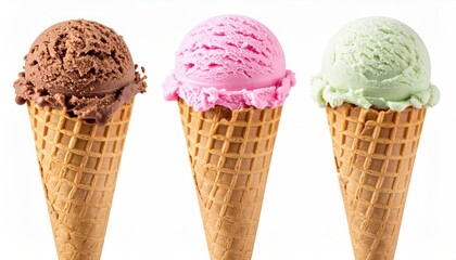 Variety of Ice Cream Scoops on Waffle Cones - Isolated on White Background