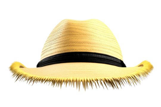 Straw hat, wide brim with black band, summer headwear, cut out transparent