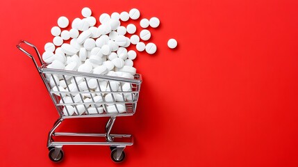 Shopping Cart Full of White Pills Medicine Pharmacy Healthcare Red Background