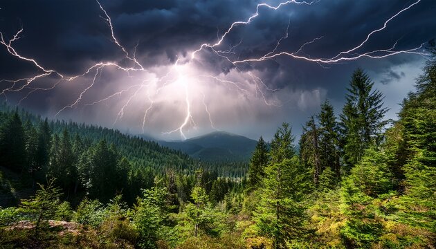 dramatic stormy landscape with lightning illuminating dense forest under dark cloudy sky
