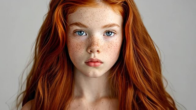 Redhead Portrait: A captivating portrait of a young woman with striking red hair and captivating blue eyes, her gaze fixed on the camera. Her complexion is adorned with freckles.