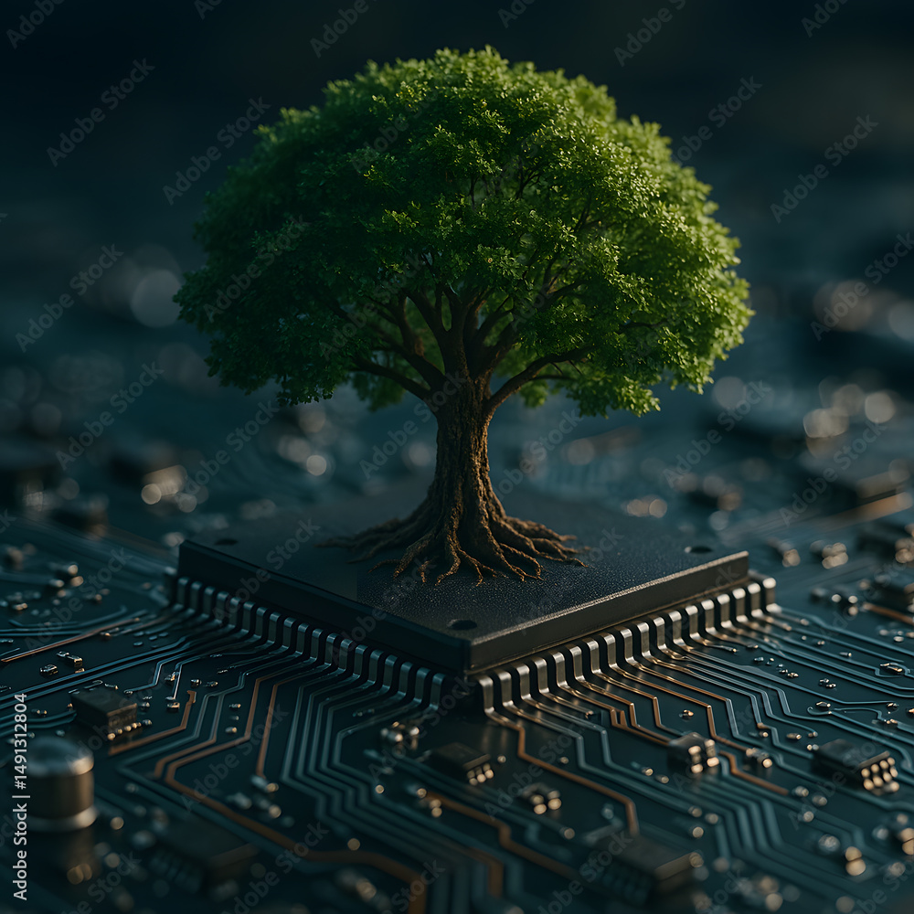 Poster a lush green tree with visible roots grows from the surface of a complex circuit board, symbolizing 