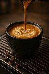 A stream of coffee creates delicate latte art in a black cup, with coffee beans scattered nearby, in a warm, inviting setting