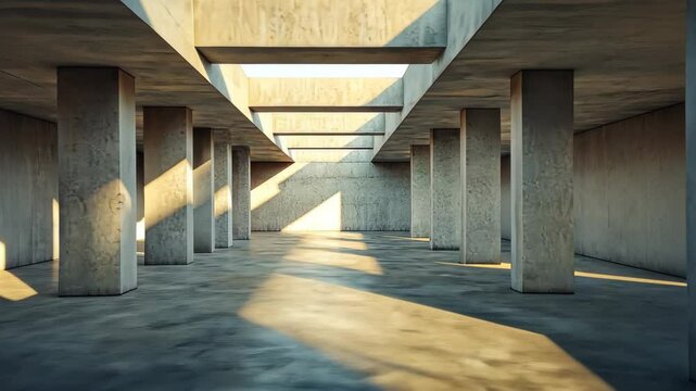 Concrete Corridor of Light: A minimalist architectural masterpiece showcases the raw beauty of concrete, where geometric lines intersect and sunlight casts long shadows across the open space.  