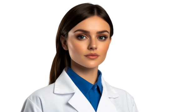 Female health professional wearing lab coat, cut out transparent