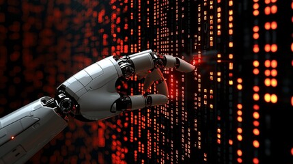 Futuristic robot hand interacts with digital data wall