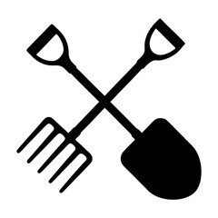 Crossed Shovel and Garden Fork Icon Silhouettes, Black silhouettes of a shovel and garden fork crossed, symbolizing gardening and outdoor work, on white background.
