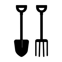 Black Shovel and Garden Fork Silhouettes, Silhouettes of a shovel and a garden fork side by side, isolated on a white background, symbolizing gardening tools.
