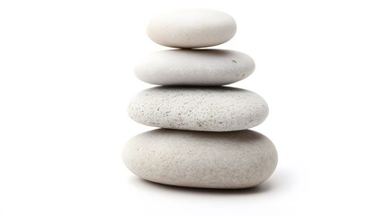 Fototapeta premium Stack of Balanced Light Grey Stones on White Background Zen Spa Serenity