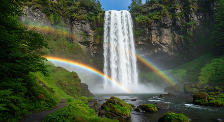 Majestic waterfall with double rainbow in green forest landscape  