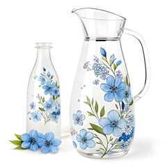 an empty glass carafe, decorated with blue flowers, isolated on a white background
