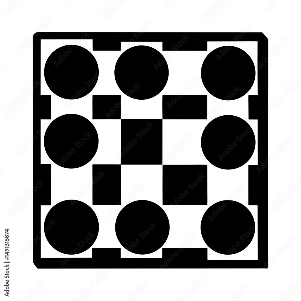 Poster stylized checkerboard with circular elements, a geometric and minimalist visual design