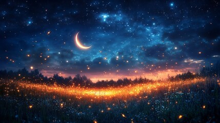 Naklejka premium Magical night sky over a field of glowing wildflowers.