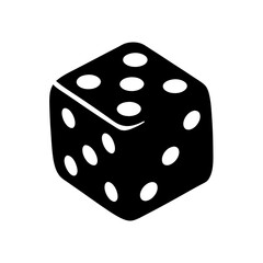 Black and white image shows a single six sided die with rounded corners