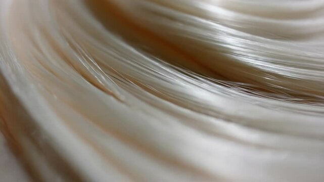 Close-up, intricate details of tightly wound, shiny, light blonde or silver hair texture forming soft, elegant, curved patterns and lines, abstract design.