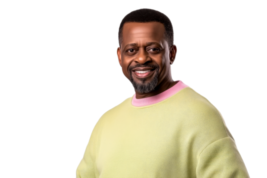 Smiling African Descent Man in Light Yellow Sweater, cut out transparent