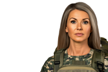 Mature woman with camouflage uniform, ready for duty, cut out transparent