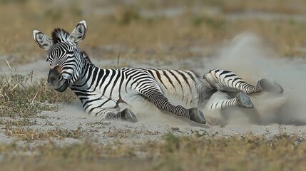 Fototapeta premium A young zebra playfully rolls in the dust, kicking up a cloud of sand, its black and white stripes clearly visible against the light-brown earth