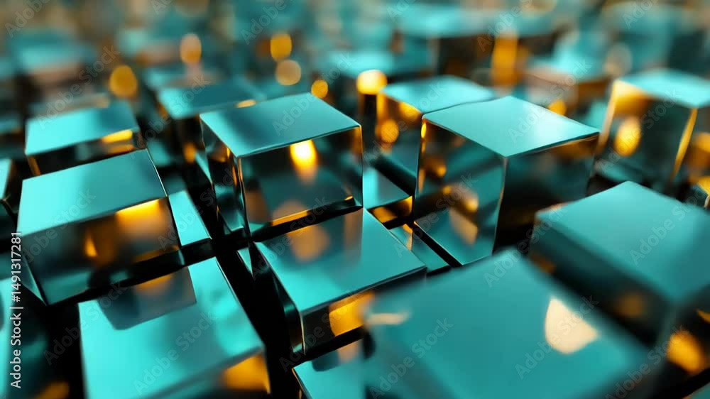 Poster abstract cubes in metallic teal and gold: a mesmerizing close-up reveals a geometric pattern of meta